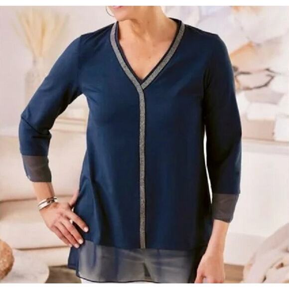 Soft Surroundings Beaded Tunic Top Size Medium Navy Blue Stretch Layered Chiffon - Picture 1 of 8